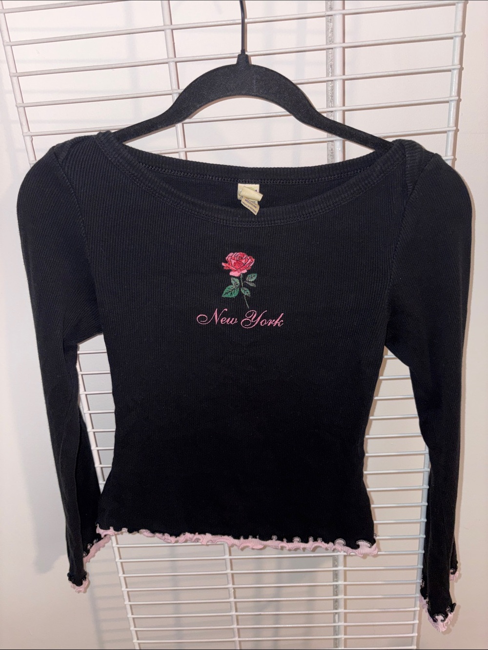 Black Long-Sleeve Ribbed Top with Pink Rose Embroidery - New York